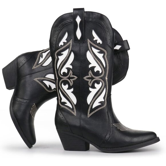 Hawkwell Women's Black Western Rodeo Cowgirl Embroidered Pointed Toe Boots - Picture 1 of 6